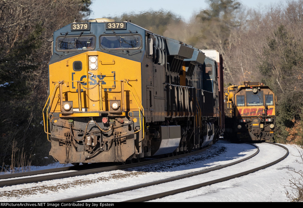 CSX 3379 leads M436 (Selkirk to Worcester/ Framingham) east past the Grinder at CP-60